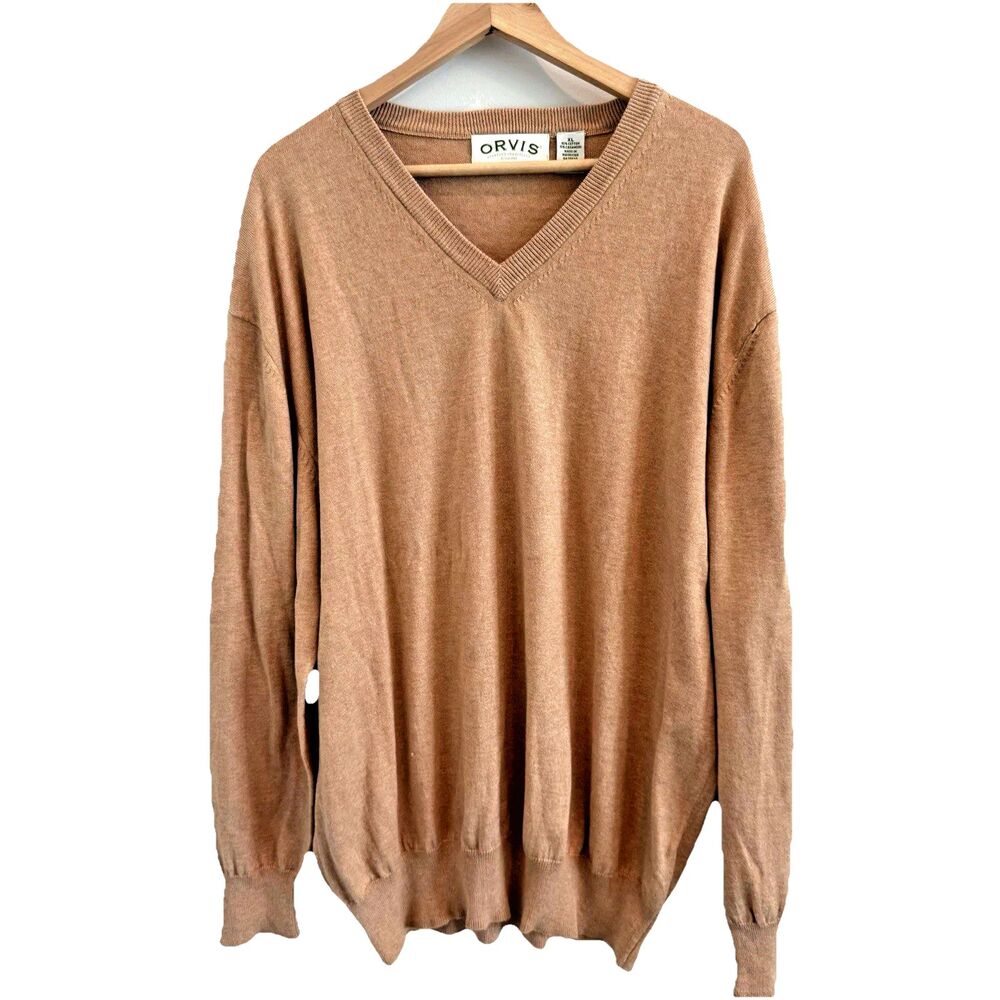 Orvis Men’s XL V-Neck Sweater Tan Brown Cashmere Blend Pullover Preppy Normcore